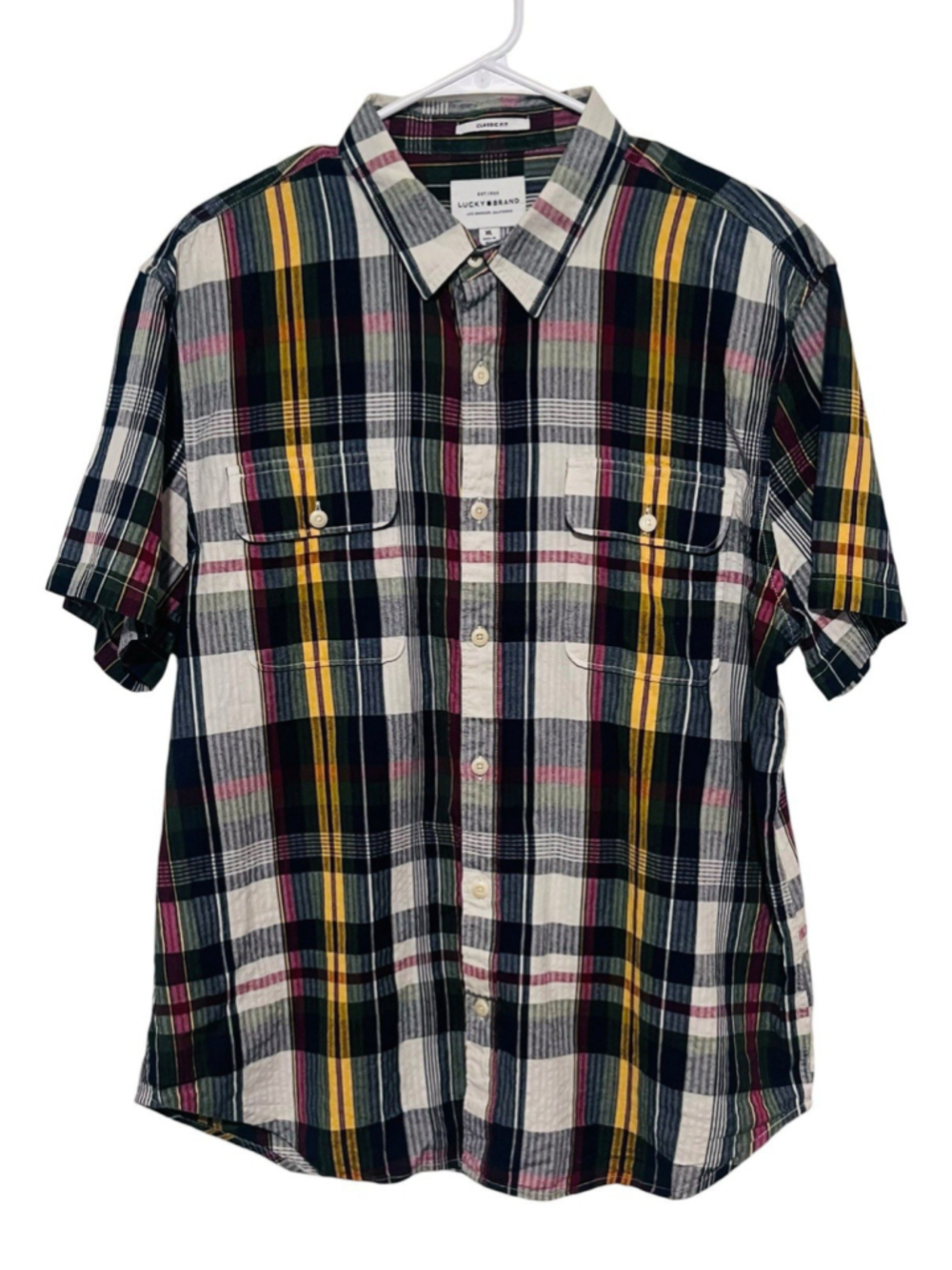 Lucky Brand Plaid Woven Shirt Mens XL Navy Short Sleeve Classic Cotton Button Up